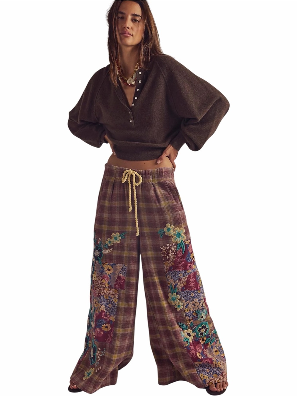 🆕FREE PEOPLE | BROOKS EMBROIDERED WIDE-LEG PATCHWORK PANTS | SZ: S | GREEN COMBO